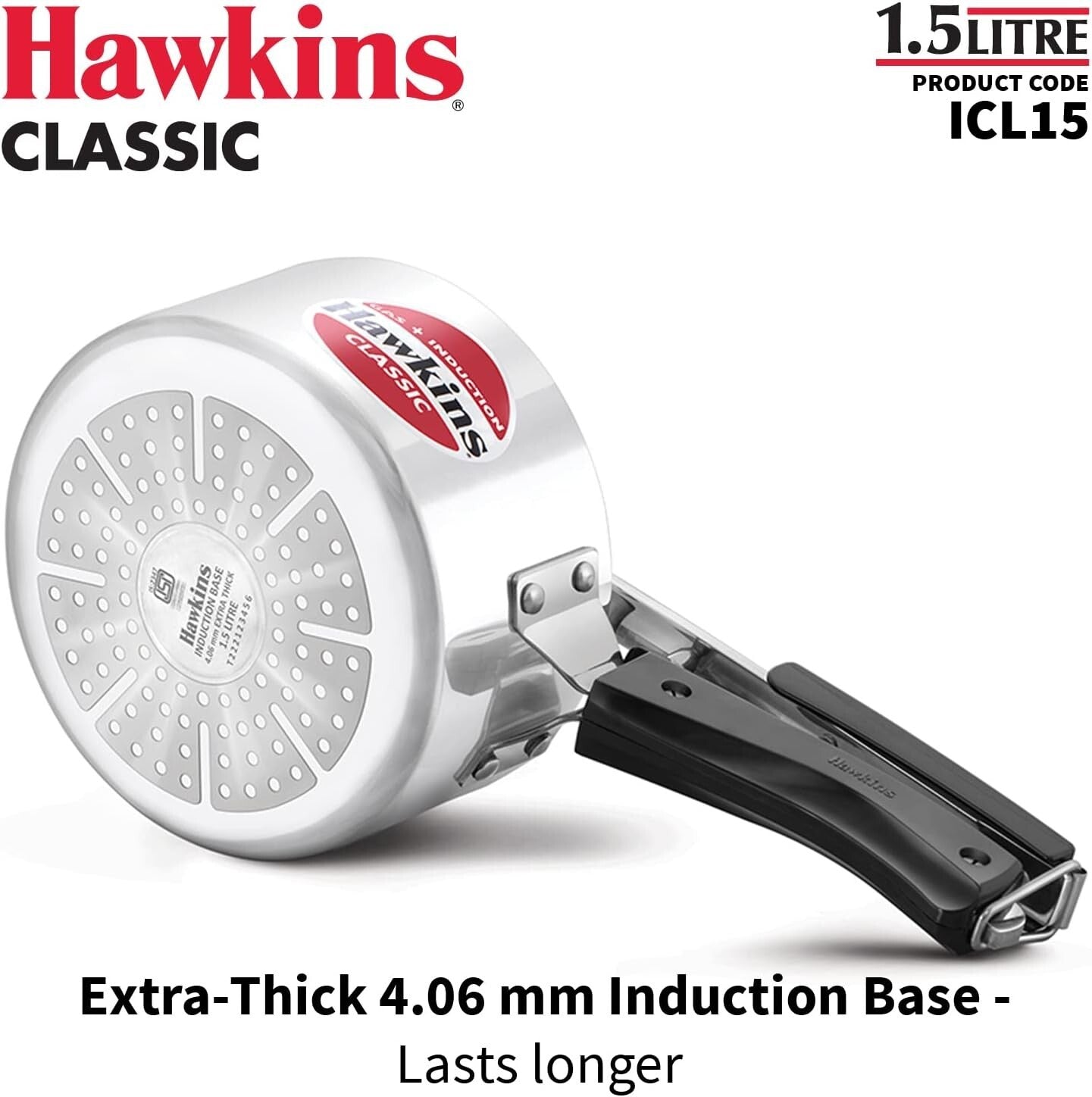Hawkins Classic 1.5 Liter inner lid aluminum pressure cooker, induction cooker